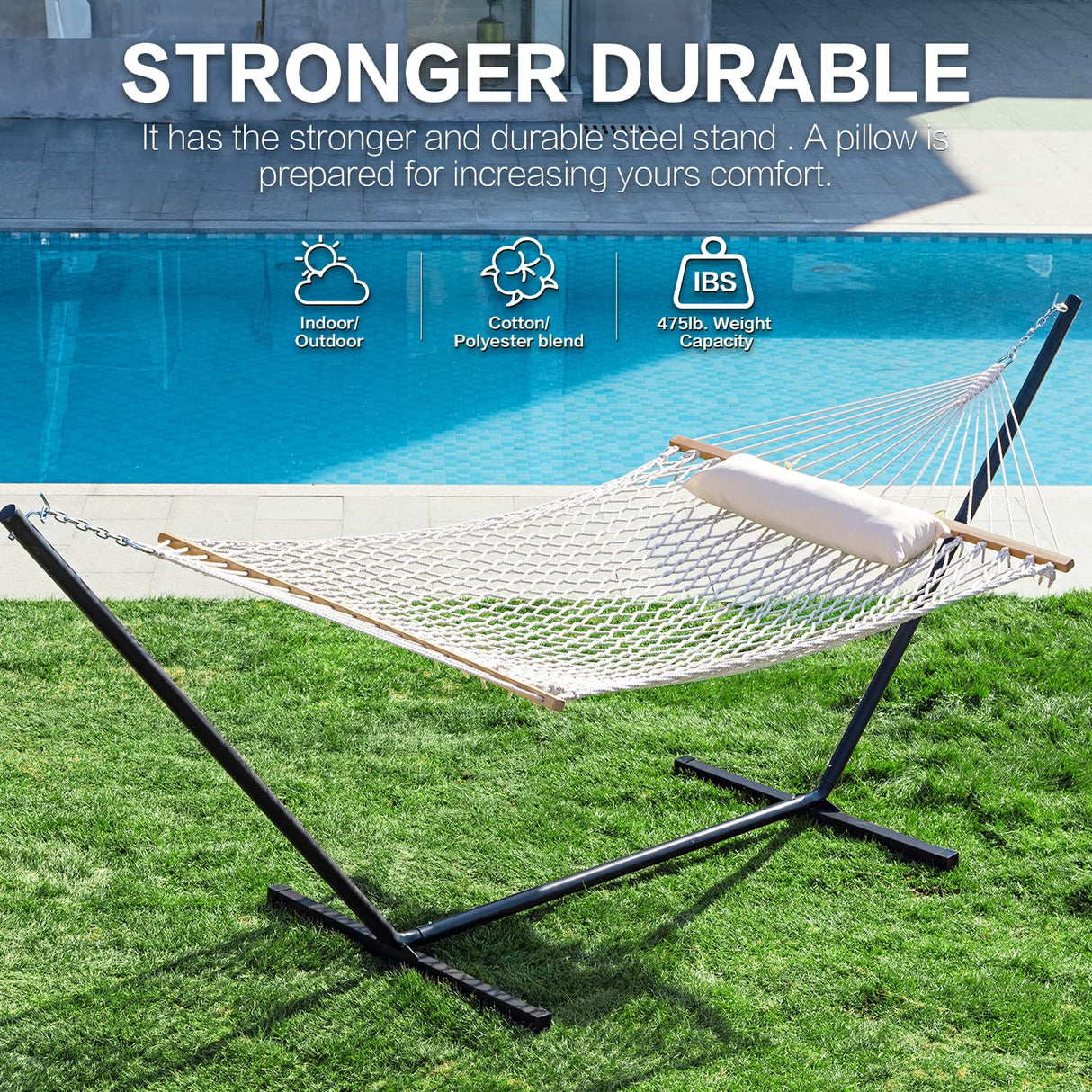 PNAEUT Double Rope Hammock with Stand Included, 12ft Heavy Duty Stand, 2 Person Traditional Cotton Rope Hammocks with Pillow for Outside Porch Patio Backyard Outdoor, Max 475lbs Capacity (Burlywood) PNAEUT