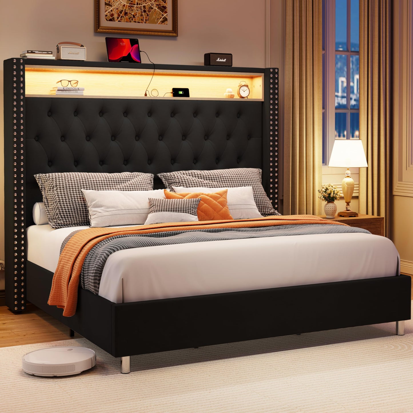 Jocisland LED Bed Frame with Velvet Upholstery and Charging Station, King Size - WoodArtSupply