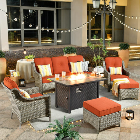 ovios Outdoor 6 Piece Patio Furniture with Fire Pit Table,Wicker Coversation Set with Single Chair,Comfy Sectional Deep Sofa with Ottoman for Outside Porch Balcony Backyard Pool,Orange ovios
