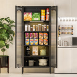 VASAAOSD 71" Kitchen Pantry Storage Cabinet, Display Cabinet with Glass Doors and Lights, Tall Storage Cabinet with Adjustable Shelves, Kitchen Pantry Cabinet for Dining Room, Living Room, Black VASAAOSD