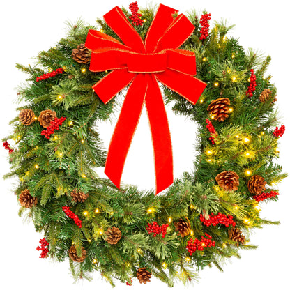 Best Choice Products 30in Pre-Lit Battery Powered Christmas Wreath Artificial Pre-Decorated Holiday Accent w/ 100 Lights, 276 PVC Tips, Ribbons, Pine Cones