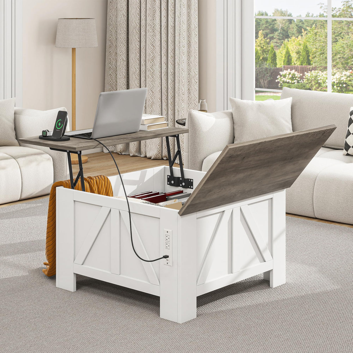 YITAHOME Farmhouse Lift Top Coffee Table with Storage, Wood Square Center Table with Charging Station & USB Ports and Hidden Compartment Coffee Tables for Living Room Bedroom, Home Office, White YITAHOME