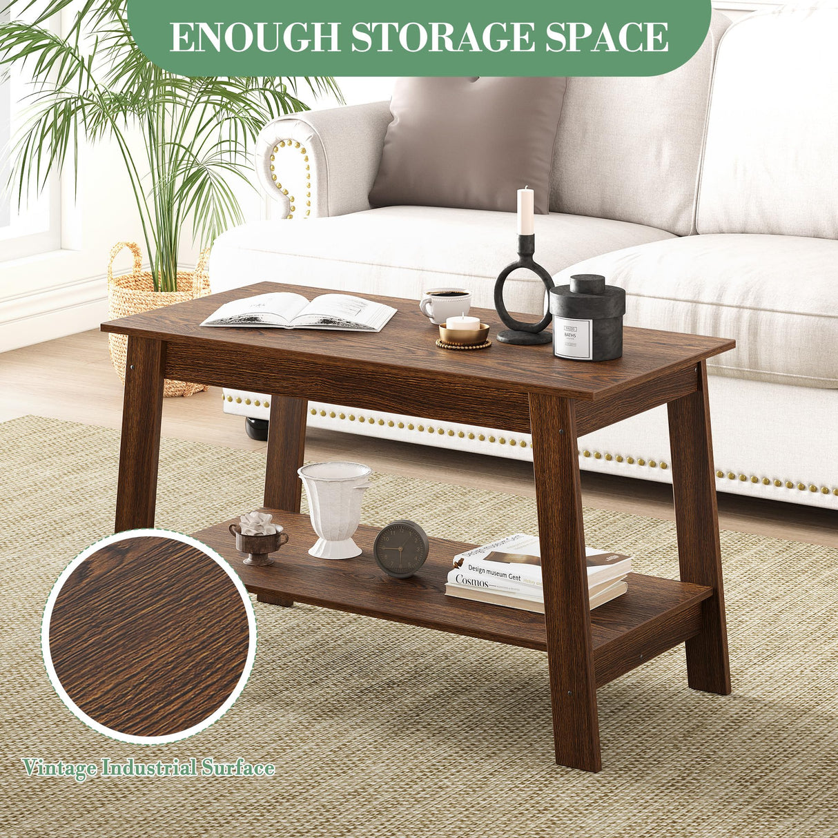 31.49" Coffee Table, 2-Tier Small Living Room Table, Rustic Modern Farmhouse Wood for Living Room, Bedroom, Walnut, Easy Assembly Elementool