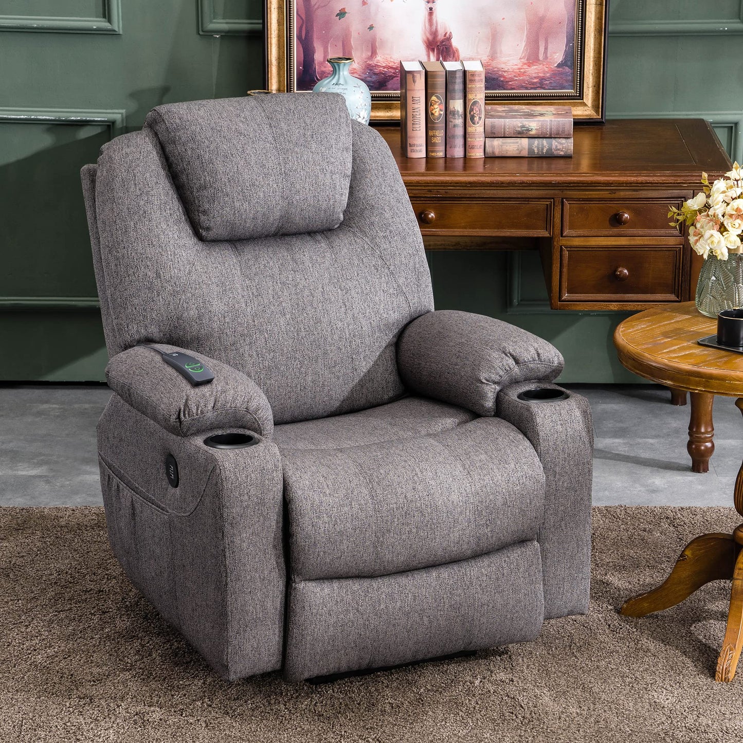 MCombo Medium Power Lift Recliner Chair Sofa with Massage and Heat for Elderly, 3 Positions, Cup Holders, and USB Ports, 2 Side Pockets, Fabric 7040 (Medium, Gray)