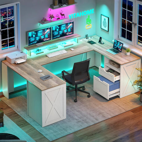 YITAHOME U Shaped Desk with Power Outlet & LED Lights, Farmhouse Computer Desk with Drawers, Wood Desk Home Office Desk with Monitor Stand & 5 Cubbies Storage Shelves, Grey Wash YITAHOME