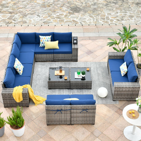 HOOOWOOO Outdoor Patio Sectional Furniture Sofa Set with Widened Armrest,12 Piece Large Modern Wicker Couch,Modular L Shaped Conversation Seating Set with Table for Out Door Garden Corner(Navy Blue) HOOOWOOO