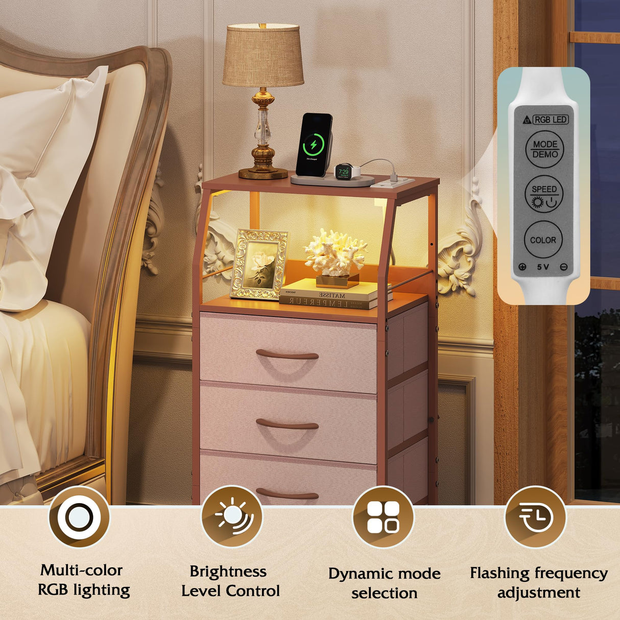 WLIVE 4 Drawer Dresser for Bedroom, 37" H Nightstand with Charging Station and Led Light, Tall Night Stand Bed Side Table, End Table with USB Ports and Outlets, Fabric Bins, Wood Shelf, Pink WLIVE