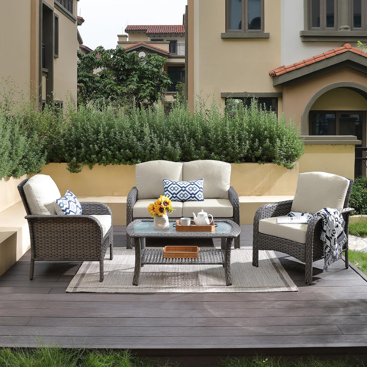 CAODOC 4-Piece Wicker Patio Furniture Set, All-Weather Rattan Conversation Bistro Loveseat Chair and Table Set for Balcony, Backyard and Deck with Soft Cushions and Metal Table(Tan) CAODOC