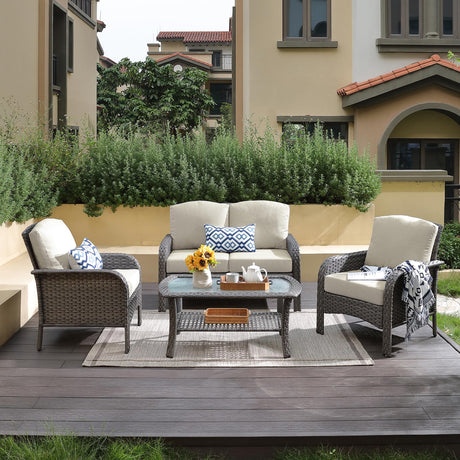 CAODOC 4-Piece Wicker Patio Furniture Set, All-Weather Rattan Conversation Bistro Loveseat Chair and Table Set for Balcony, Backyard and Deck with Soft Cushions and Metal Table(Tan) CAODOC