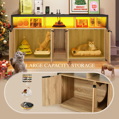 DWVO Cat Litter Box Enclosure for 2 Cats, Litter Box Furniture Hidden with Power Outlet & LED Light, Wooden Cat Cabinet TV Stand Furniture w Double Rooms for Indoor Cats, 59" L x15.7 W x27.5 H, Oak