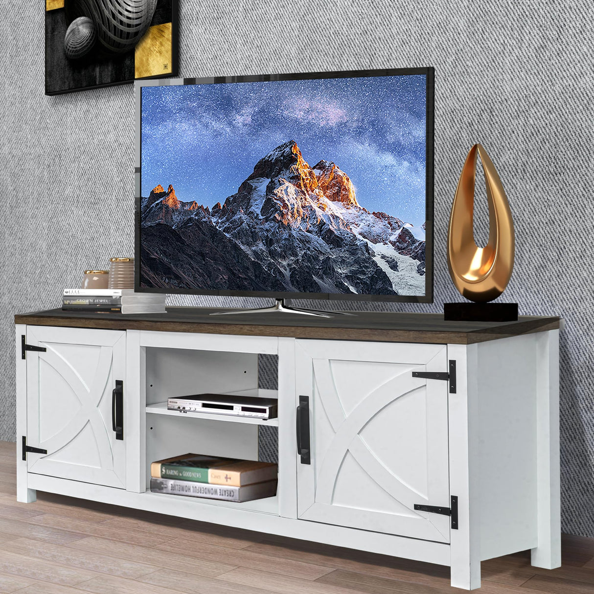 COMEFFIE Modern 58" TV Stand, Media Entertainment Center for TV up to 65 Inch, Console Table with Storage Cabinets for Living Room (White Without Fireplace) COMEFFIE