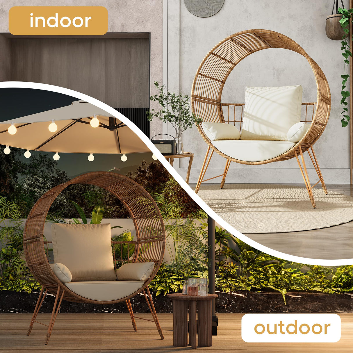 Yechen Egg Chair Outdoor, Oversized Wicker Patio Chairs with 350LBS Capacity, Rattan Porch Chair, 6.69'' Cushions for Living Room, Bedroom, Garden, Round Nest Chairs with Steel Stands Easy Assembly Yechen