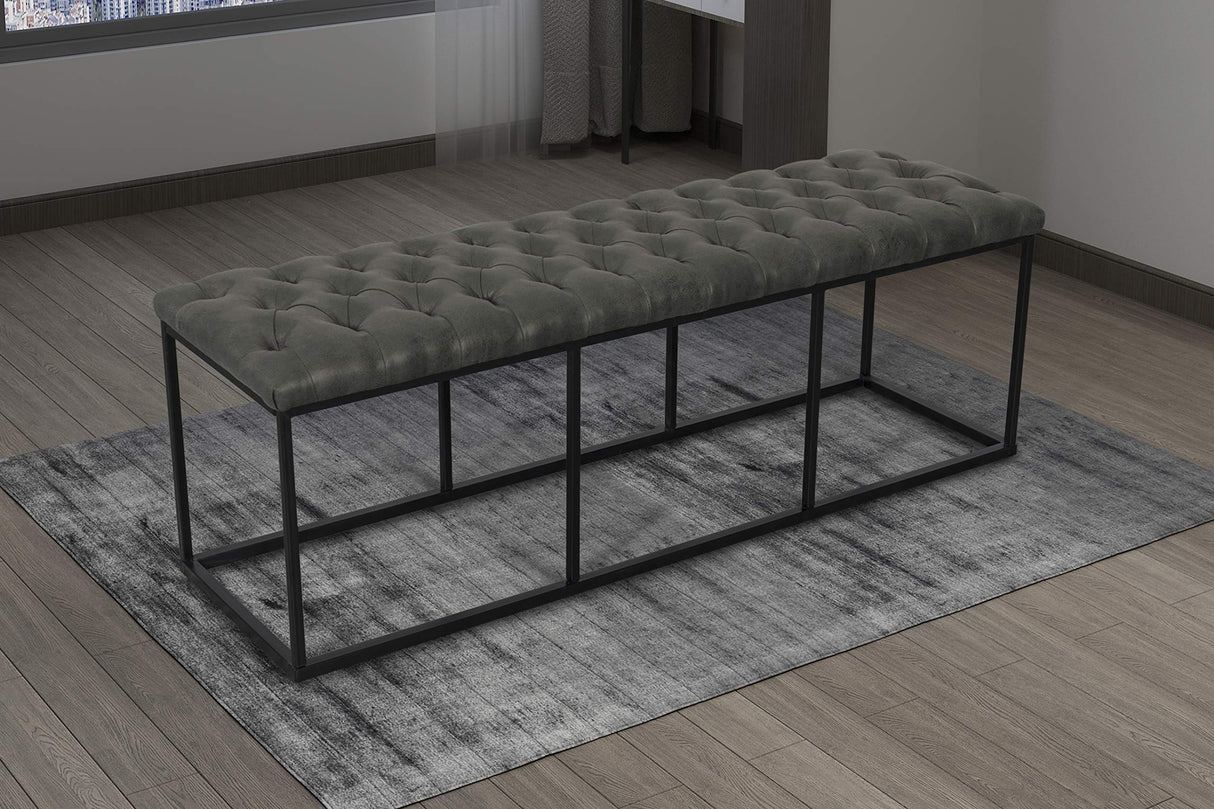 HomePop Upholstered Button Tufted Decorative Bench with Metal Base, Gray Faux Leather HomePop