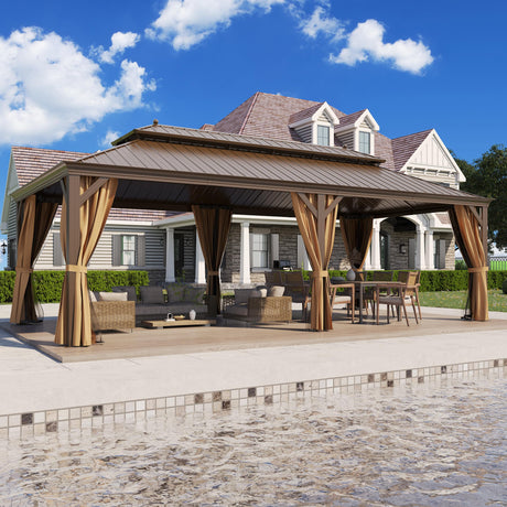 GAZEBEST 12' X 24' Permanent Hardtop Gazebo, Outdoor Galvanized Steel Double Roof Pavilion Pergola Canopy with Aluminum Frame and Privacy Curtains for Garden Patio,Patio Backyard,Deck and Lawns GAZEBEST