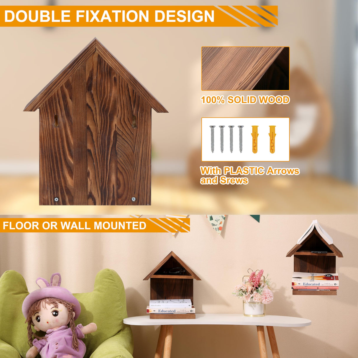 LETUBUYU Floating Bedside Wood Bookshelf, Triangle Book Page Holder, Wooden Simple Bookcase for Bedroom Nightstand Library Office or Wall Decor Storage (Brown LETUBUYU