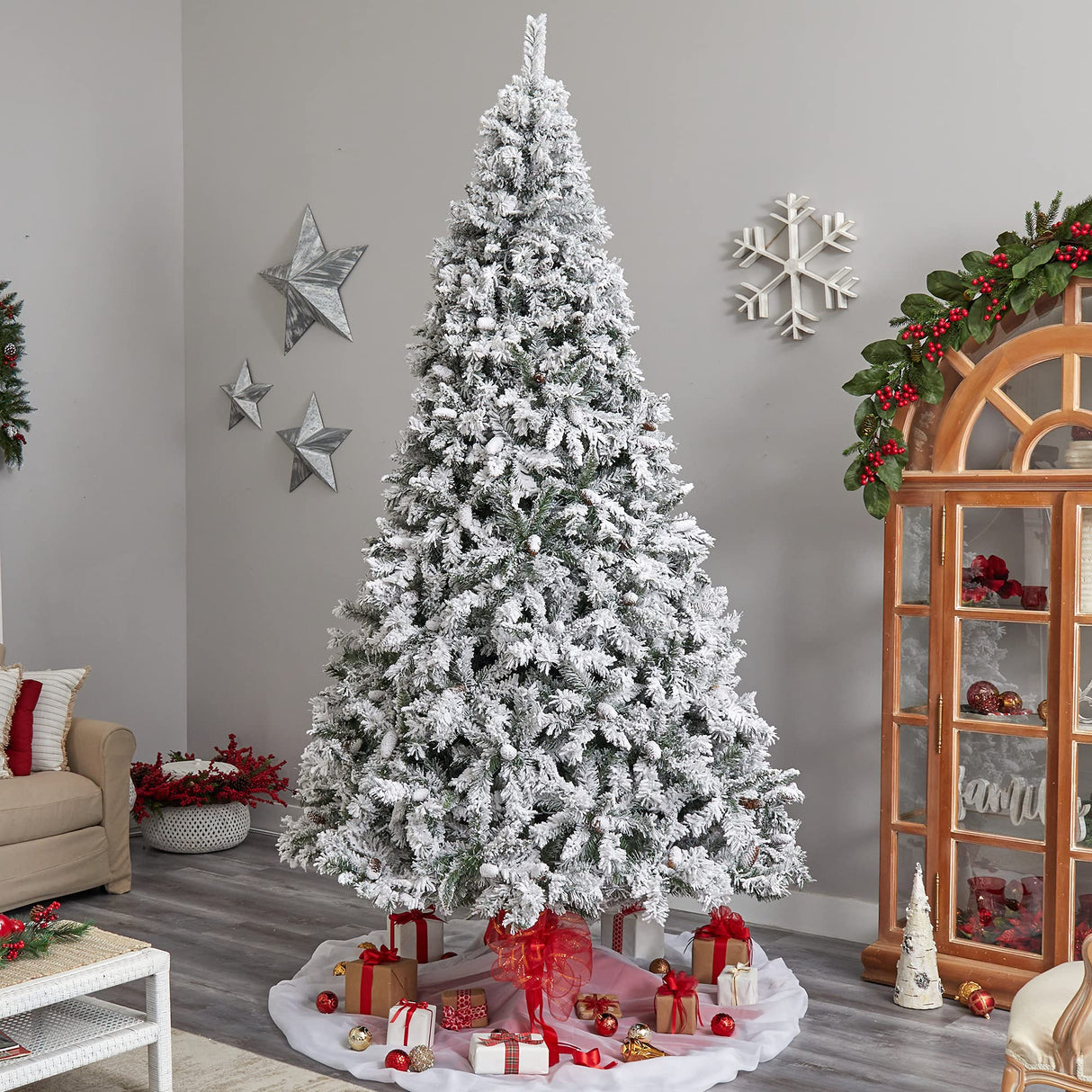 Nearly Natural 10ft. Flocked West Virginia Fir Artificial Christmas Tree with 800 Clear LED Lights and 1680 Tips Nearly Natural