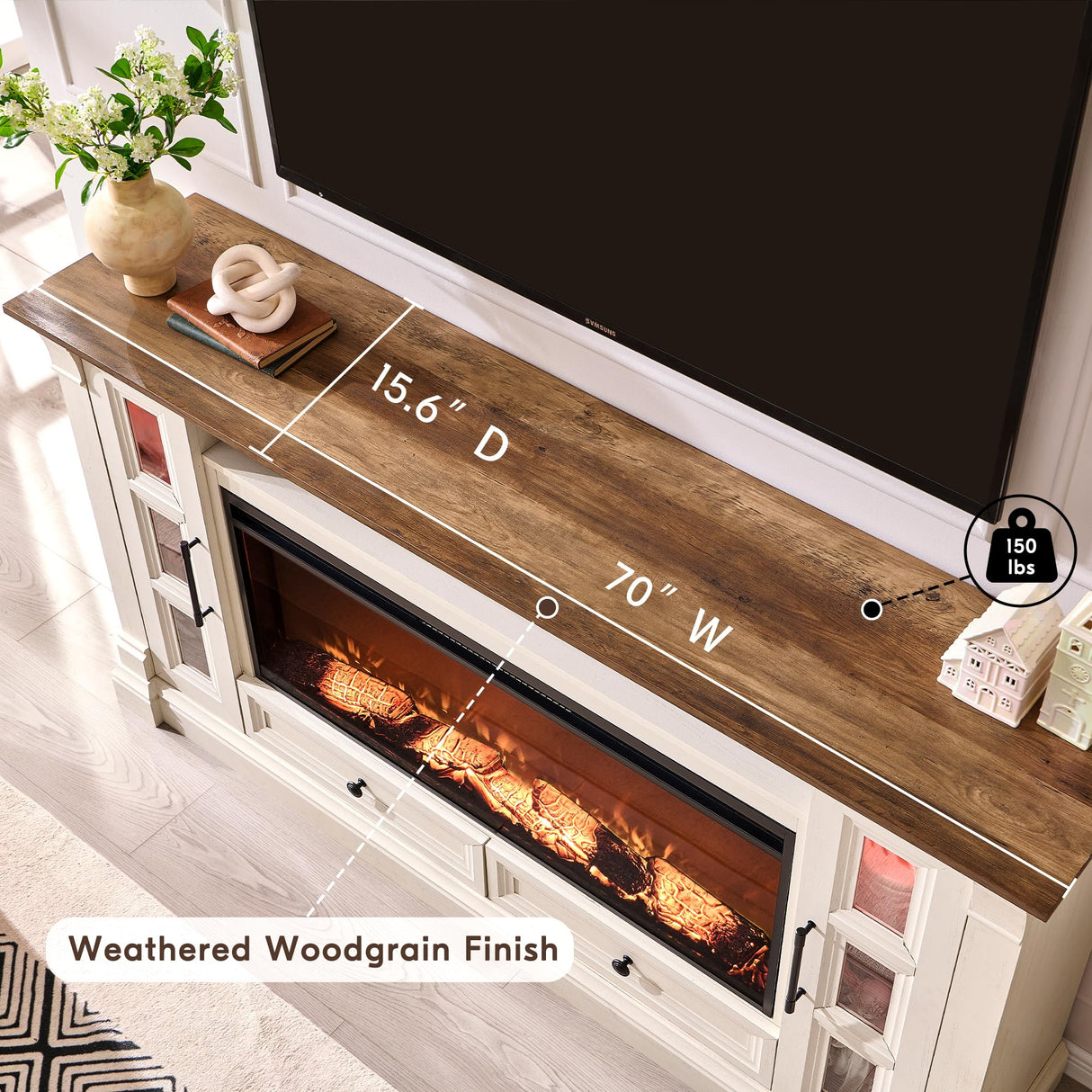 OKD Fireplace TV Stand for up-to-80 TV, Farmhouse 36" Tall Entertainment Center with 42" Electric Fireplace, Media Console with Glass Door Cabinets & Drawers for Living Room, Antique White OKD