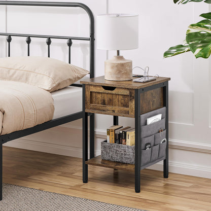 Yaheetech Rustic Brown End Table with Charging Station, Drawer, Shelf & Removable Fabric Bag