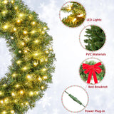 Yaheetech 30in Large Artificial Christmas Wreath, Pre-lit Holiday Accent Decoration with Red Bow, 110 LED Lights & 300 PVC Tips, Metal Structure for Door Wall & Mantel Yaheetech