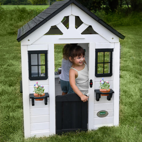 Backyard Discovery Sweetwater All Cedar White Modern Outdoor Wooden Playhouse, Cottage, Sink, Stove, Windows, Kitchen with Pot and Pans and Utensils, Flowerpot Holders, Working Doorbell, Ages 2-6 Backyard Discovery