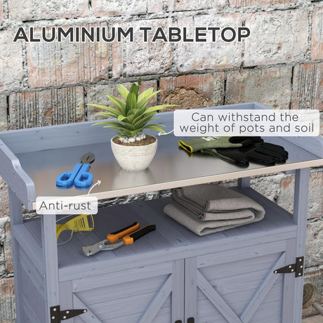 Outsunny Outdoor Wooden Potting Bench Table, Garden Workstation with Storage Cabinet, Aluminum Table Top, Rubber Wheels for Backyard, Patio, Balcony, Gray Outsunny