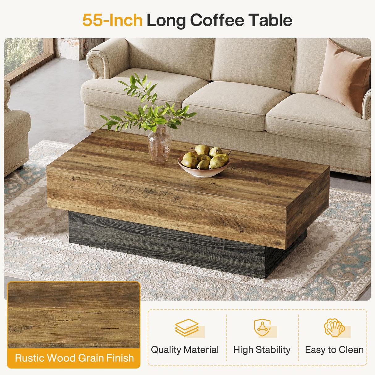 Tribesigns Farmhouse Wood Coffee Table, 55-Inch Rectangle Large Tea Table with Grey Base, Vintage Center Table for Living Room, Reception Area of Office, Rustic Brown & Grey Tribesigns