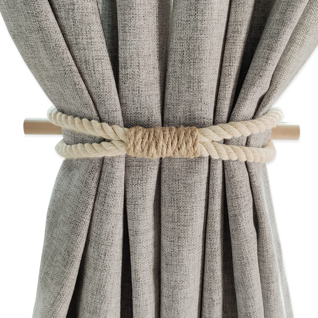 Curtain Holdbacks Boho Tiebacks for Drapes, Farmhouse Jute Rope Cotton Tie Backs with Rustic Wood Club, Curtain Accessories Holders for Indoor Outdoor Use, Set of 4 WARMTONE