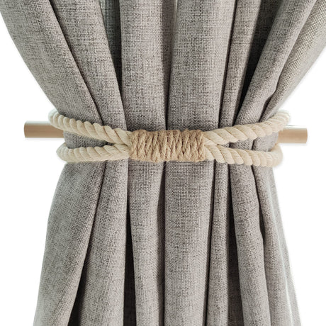 Curtain Holdbacks Boho Tiebacks for Drapes, Farmhouse Jute Rope Cotton Tie Backs with Rustic Wood Club, Curtain Accessories Holders for Indoor Outdoor Use, Set of 4 WARMTONE