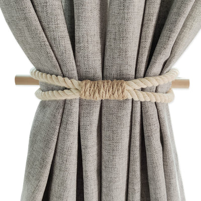 Curtain Holdbacks Boho Tiebacks for Drapes, Farmhouse Jute Rope Cotton Tie Backs with Rustic Wood Club, Curtain Accessories Holders for Indoor Outdoor Use, Set of 4
