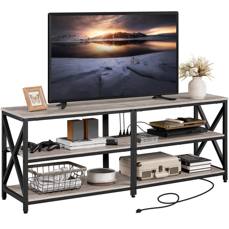 Yaheetech TV Stand with Power Outlet for 75 Inch TV, 3 Tiers TV Storage Cabinet Entertainment Center, Retro 63 Inch Long TV Console Table with Charging Station for Living Room, Gray Yaheetech