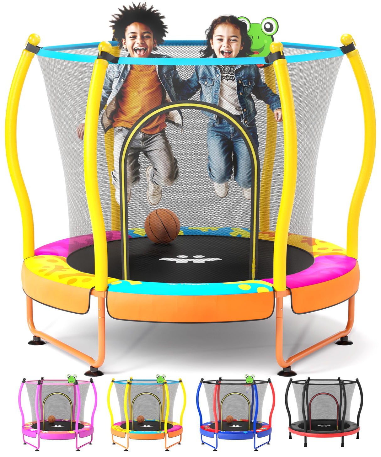 Happin® 55” Toddler Trampoline Indoor & Outdoor Playset Ages 1-6, 5FT Kids Trampoline, Ultra Safe Mini Trampoline for Kids with Safety Enclosure Net, Gifts for Birthday with Basketball Hoop Happin
