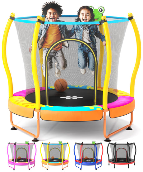 Happin® 55” Toddler Trampoline Indoor & Outdoor Playset Ages 1-6, 5FT Kids Trampoline, Ultra Safe Mini Trampoline for Kids with Safety Enclosure Net, Gifts for Birthday with Basketball Hoop Happin