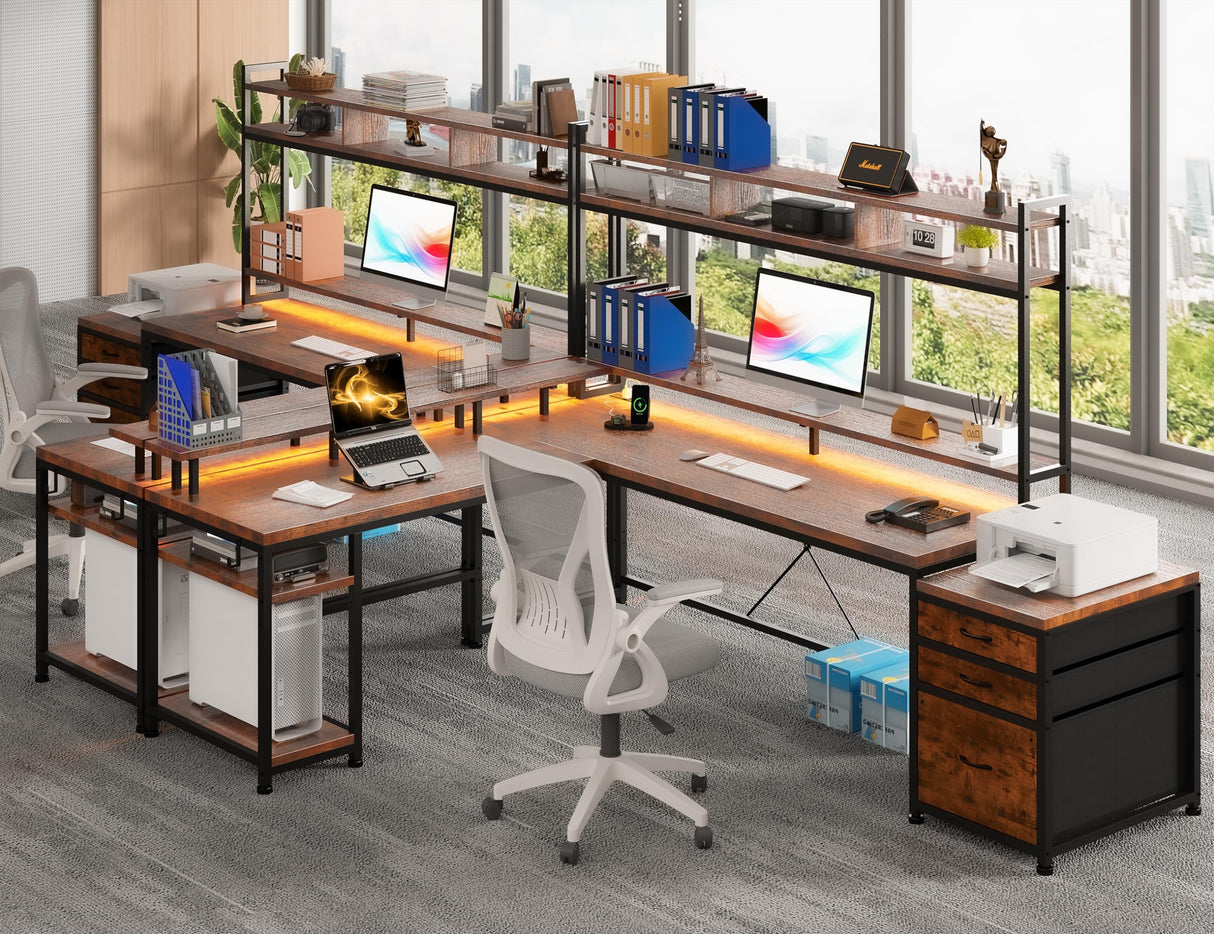 EnHomee 66" L Shaped Desk with Drawers Reversible Large L Shaped Gaming Desk with LED & Storage Shelf Gaming Desk with Monitor Stand Power & Outlet Wide Home Office Desks with File Cabinet Brown EnHomee