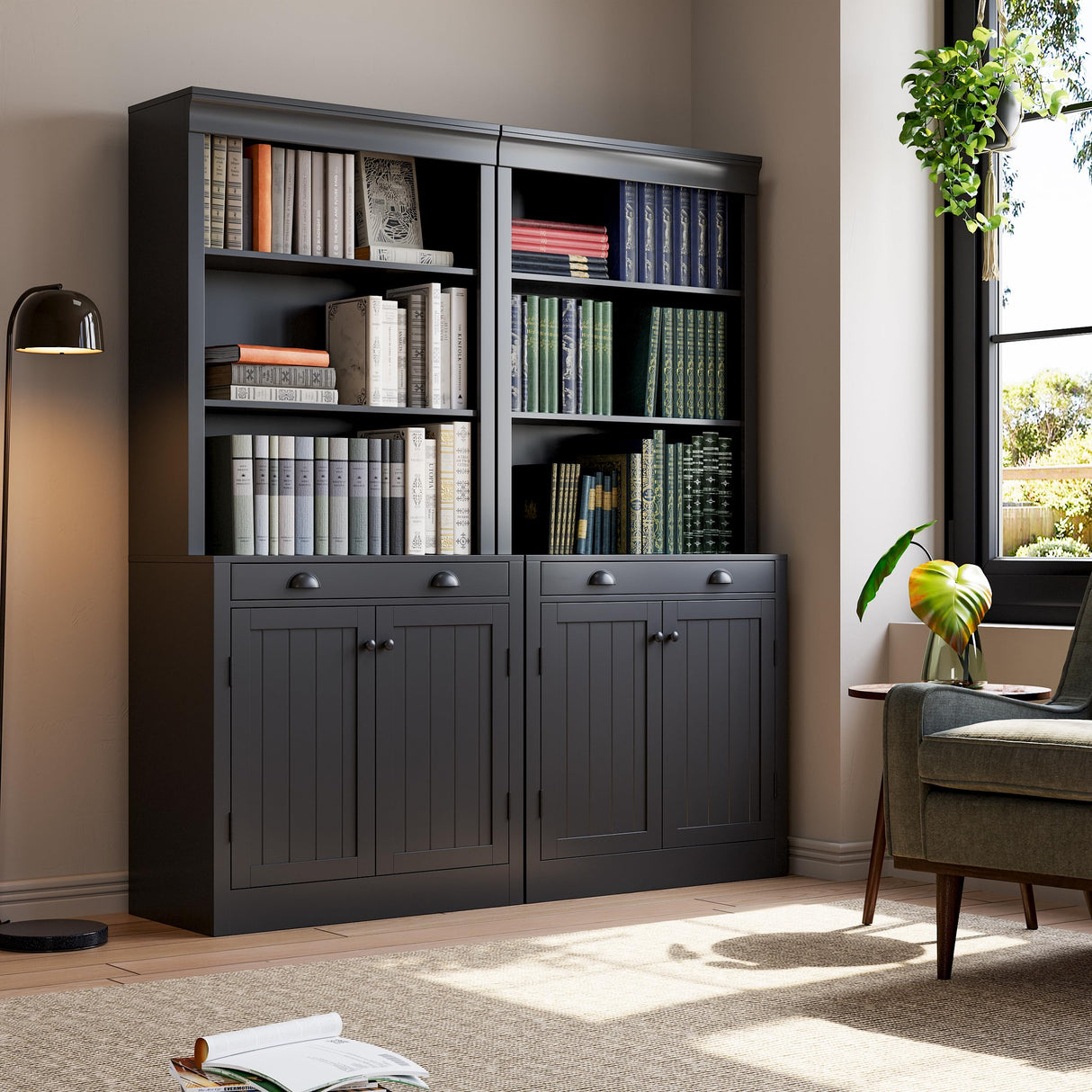 GarveeHome Tall Black Bookshelf with 2 Doors and 1 Drawer, 70 in Bookcase, Pantry Sideboard with Adjustable Shelf, Wooden Storage Cabinet for Living Room, Office GarveeHome