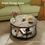 ROCSUMOO 33.5”Coffee Table for Living Room, Round Coffee Table with 2-Tier Storage Shelf, Wood Side Table Modern Open Storage for Bedroom Home Office (Round, Walnut) ROCSUMOO