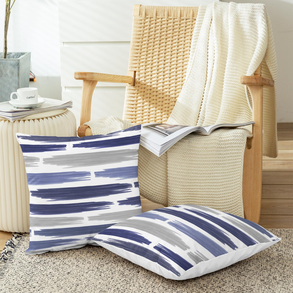 CaliTime Throw Pillow Cases Pack of 2 Cozy Fleece Abstract Geometric Texture Decorative Cushion Covers for Couch Bed Sofa Farmhouse Decoration 18 X 18 Inches Navy Blue CaliTime