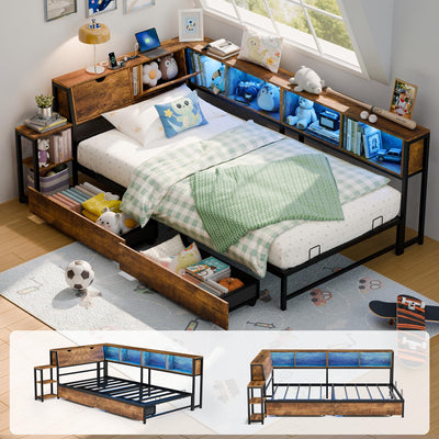 MU Twin Corner Bed Frame with Storage Bookcase and Headboard, Metal Daybed with LED Lights, Charging Station, Shelves and Drawers for Living Room, Bedroom & Guest Room, Rusic Brown