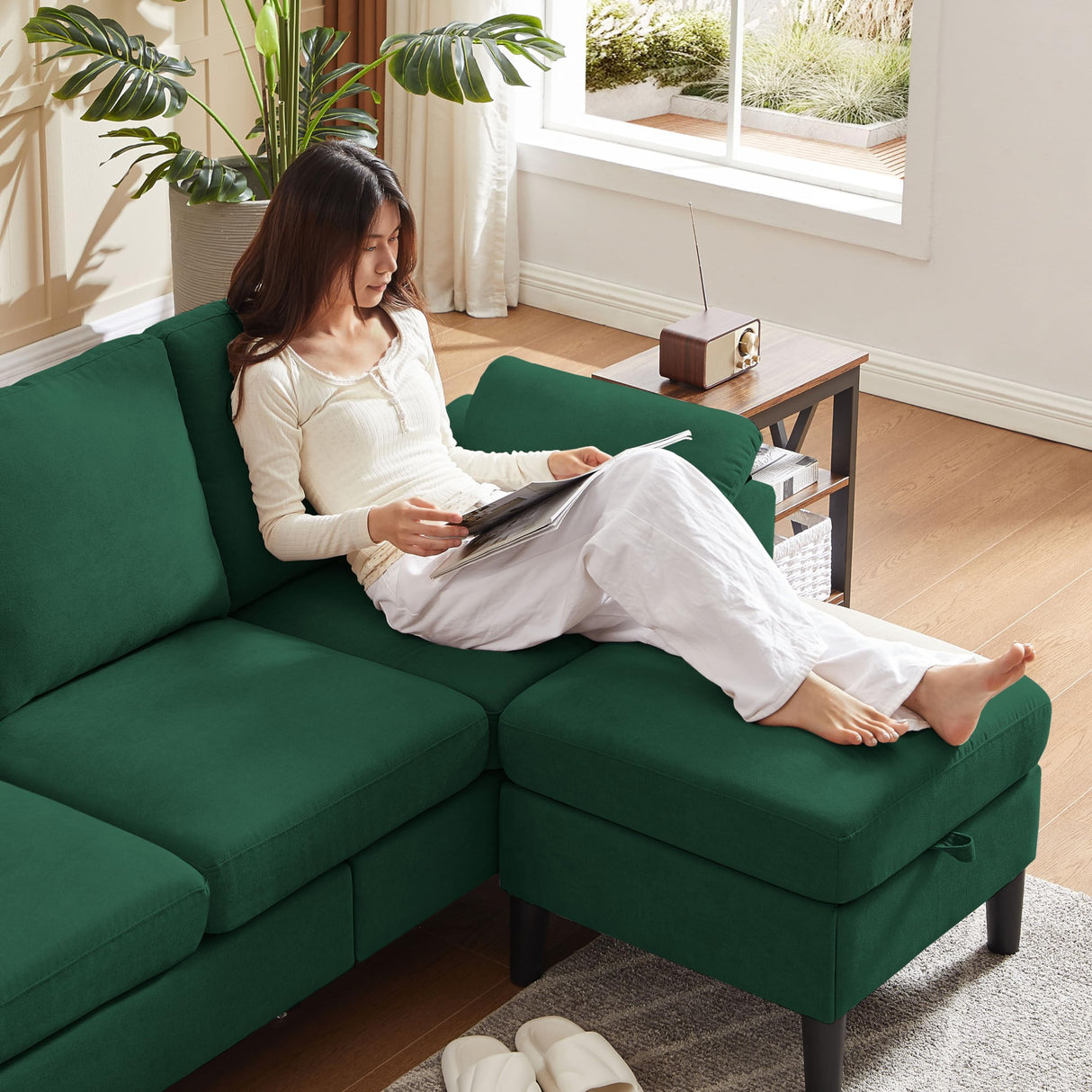 Chireca 80" Convertible Sectional Sofa, Small L Shaped 3 Seat Couch with Reversible Storage Chaise, Modern Polyester Fabric Sofa Couches for Living Room, Apartment and Small Space, Green Chireca