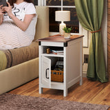 WLIVE White Farmhouse End Table for Living Room, Narrow Side Table with Charging Station, Night Stand with Storage, Small Wooden Cabinet with USB Ports and Outlets for Bedroom, White WLIVE