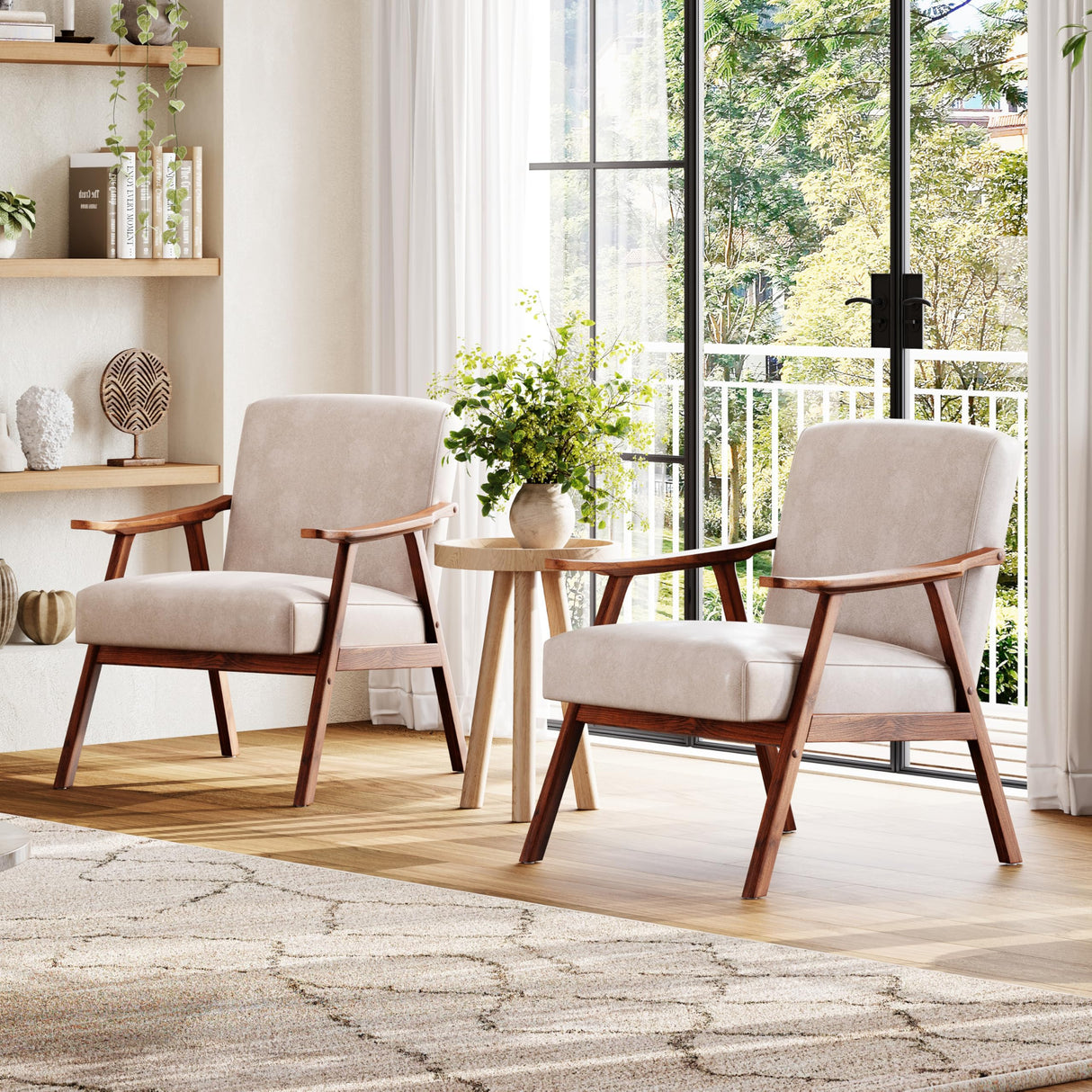 COCONINO WJ Mid Century Accent Chair, Boho Farmhouse Accent Chairs for Living Room, Retro Single Lounge Reading Armchair with Solid Wood Frame (Polyester Fabric in Light Camel) COCONINO WJ