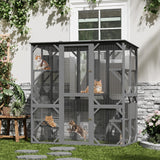 70'' Walk-in Catio with Window Access, Extra Large Outdoor Cat Enclosure for Multiple Cats, Waterproof Roof Cattery with Bridge and Scratching Post Outside Patio Cat Playpen Grey GarveeLife
