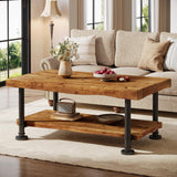 TRIBEWOOD Farmhouse Coffee Table, Wood Coffee Table with Storage, 2-Tier Live Edge Shelf, Metal Legs, 47" Rectangle Center Table for Living Room, Lounge, Brown and Black TRIBEWOOD
