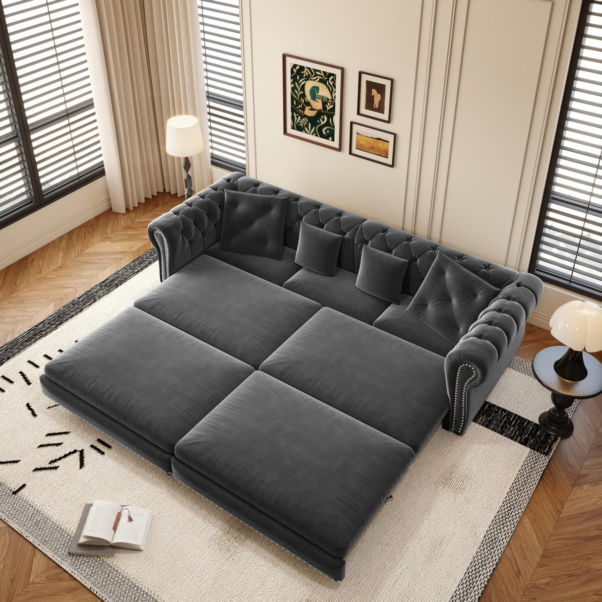 89" Velvet Pull Out Sofa Bed - 3-in-1 Convertible Sleeper Sofa with Ottoman, Button Tufted Chesterfield Sofa, Pull-out King Size Couch Bed, Space Saving for Small Spaces Apartments, Living Room, Grey Justdwells