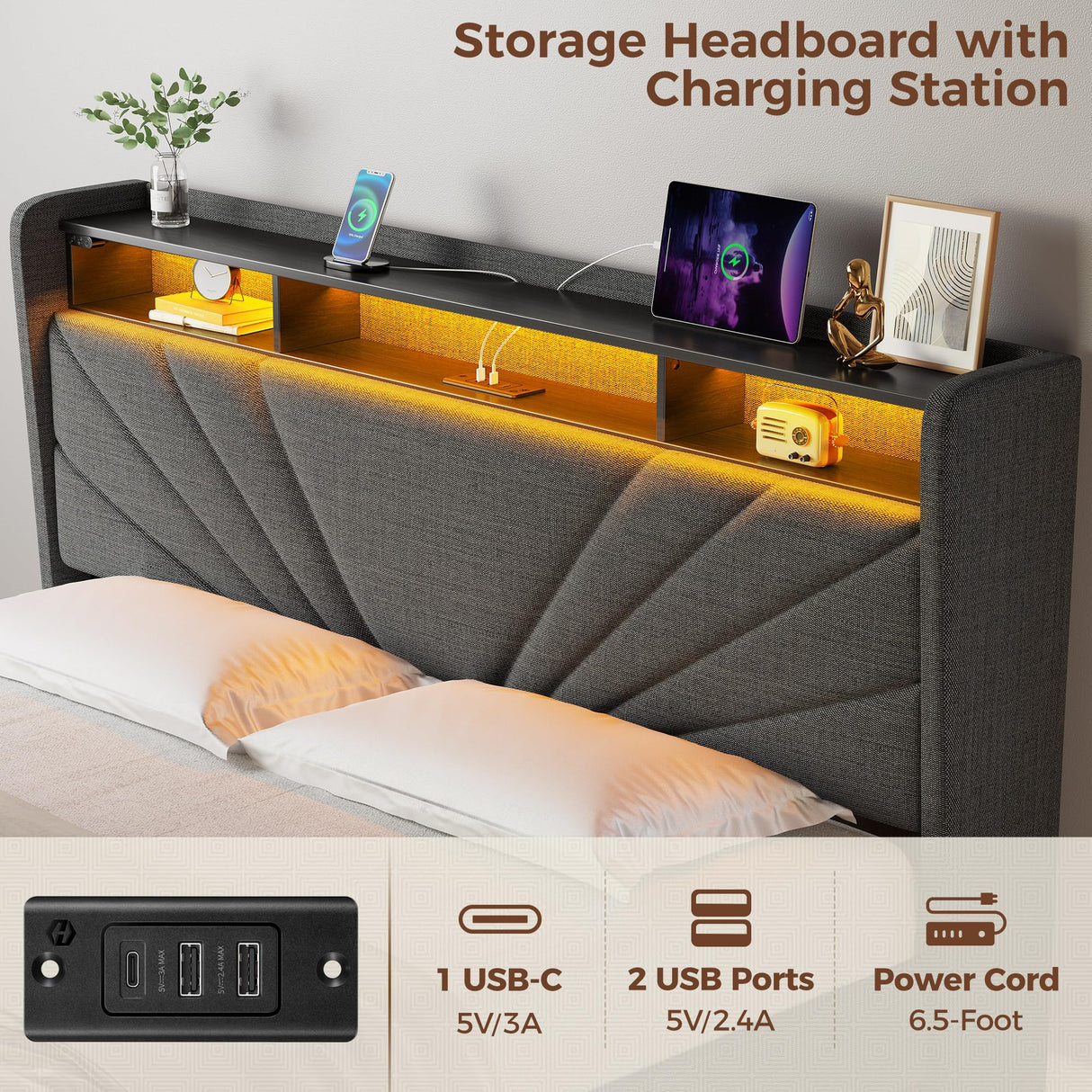 Rolanstar Full Size Bed Frame, Storage Headboard with Charging Station and LED Lights, Upholstered Bed with Heavy Duty Wood Slats, No Box Spring Needed, Noise Free, Easy Assembly, Dark Grey Rolanstar