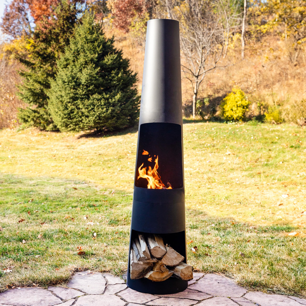 Sunnydaze 59" H Steel Outdoor Chiminea Fire Pit with Built-in Log Holder - Metal Fireplace with Chimney - Includes Poker Sunnydaze