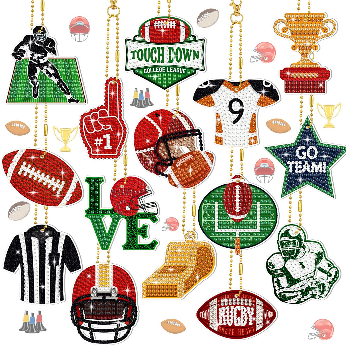 Yinkin 15 Pcs Football Diamond Art Keychains 5d Diamond Painting Keychain Football Party Decoration DIY Ornaments Pendant Kits for Adult Yinkin