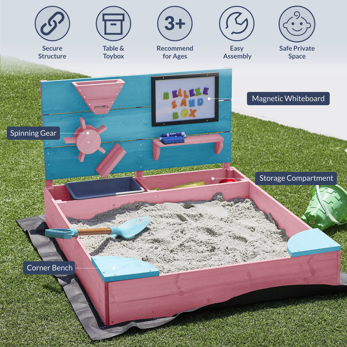 BELLEZE Wooden Sandbox, 49x39in Kids Sand Pit for Backyard, Outdoor Sandbox with Cover and Bottom Liner, Built-in Corner Seating, Bench Storage, Sand Toy Wall and Magnetic White Board (Pink) BELLEZE