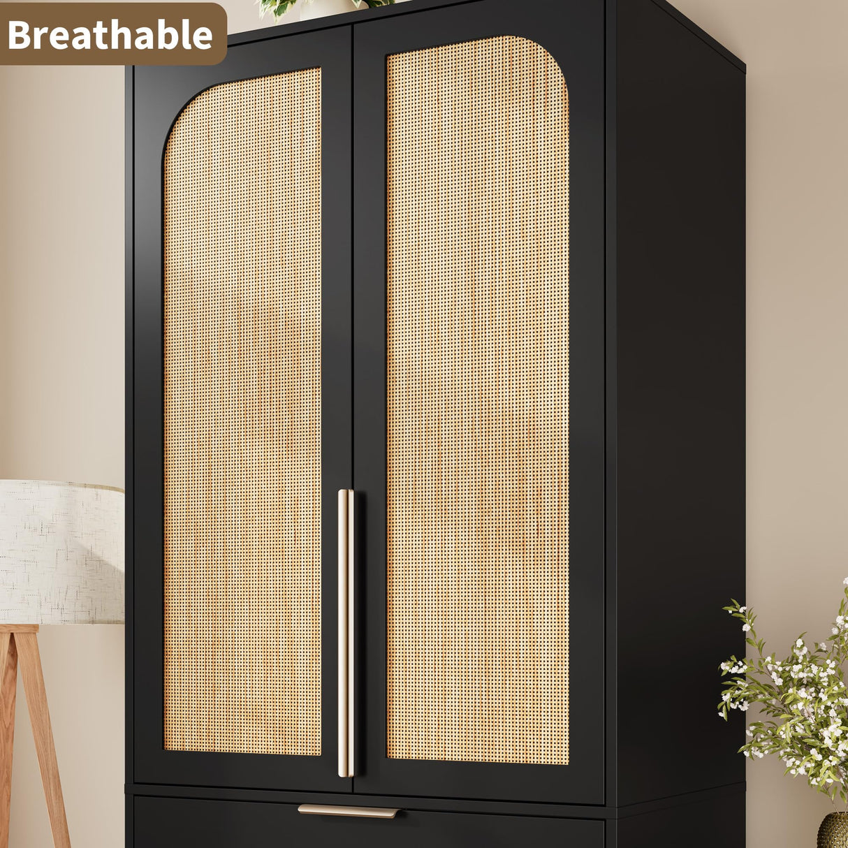 GarveeHome Armoire Wardrobe Closet, 69.5 in Wooden Wardrobe Cabinet with 3 Drawers, Hanging Rod, 2 Doors Clothing Storage Cabinet for Bedroom, Large Capacity Storage, Rattan Door, Black GarveeHome