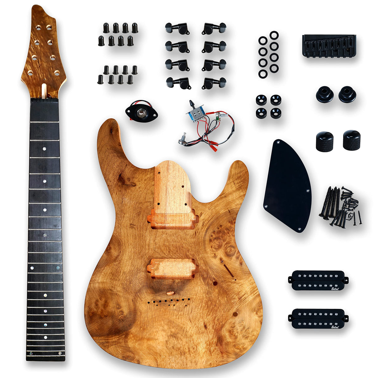 BexGears DIY 8 String Electric Guitar Kits Burl poplar veener top okoume Body maple neck & composite ebony fingerboard You Build The Guitar BexGears