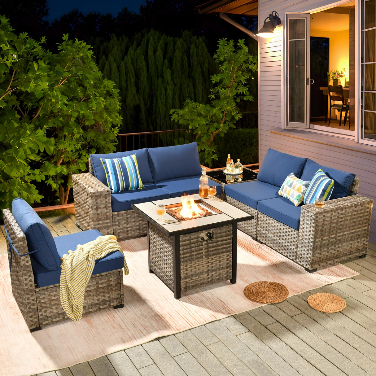 ovios 7 Pieces Patio Furniture Set, Outdoor Wicker Sectional Sofa with 30 Inch Fire Pit Table Comfy Cushions, Modern Modular Deep Seat Rattan Couch Conversation Set, Navy Blue ovios